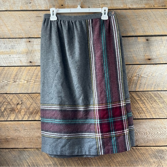 Vintage USA 60's-80s Plaid Wool Midi Skirt Womens Academia Preppy Sz 11/12 - Picture 2 of 11